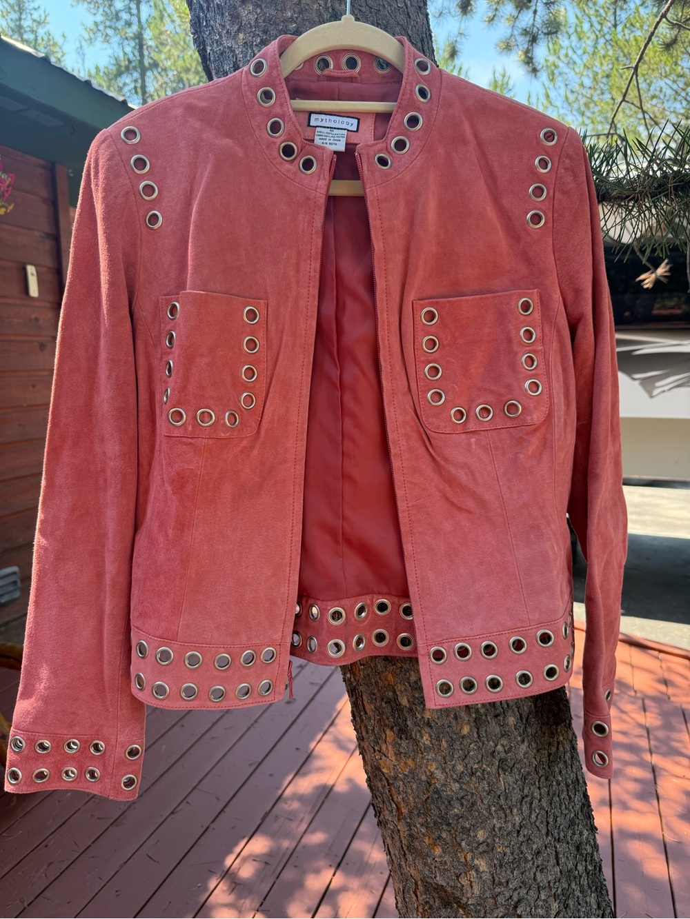 Suede Eyelet-Trim Jacket in Coral
